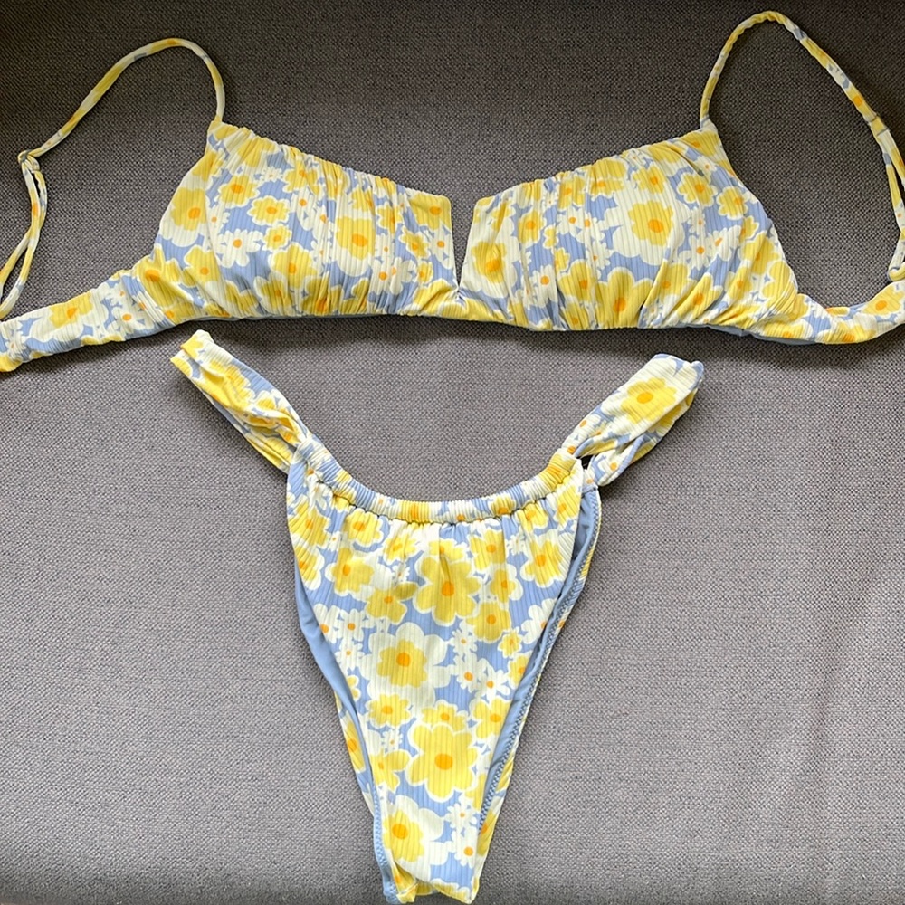 Floral Yellow & Light Blue Ribbed Bikini Set
